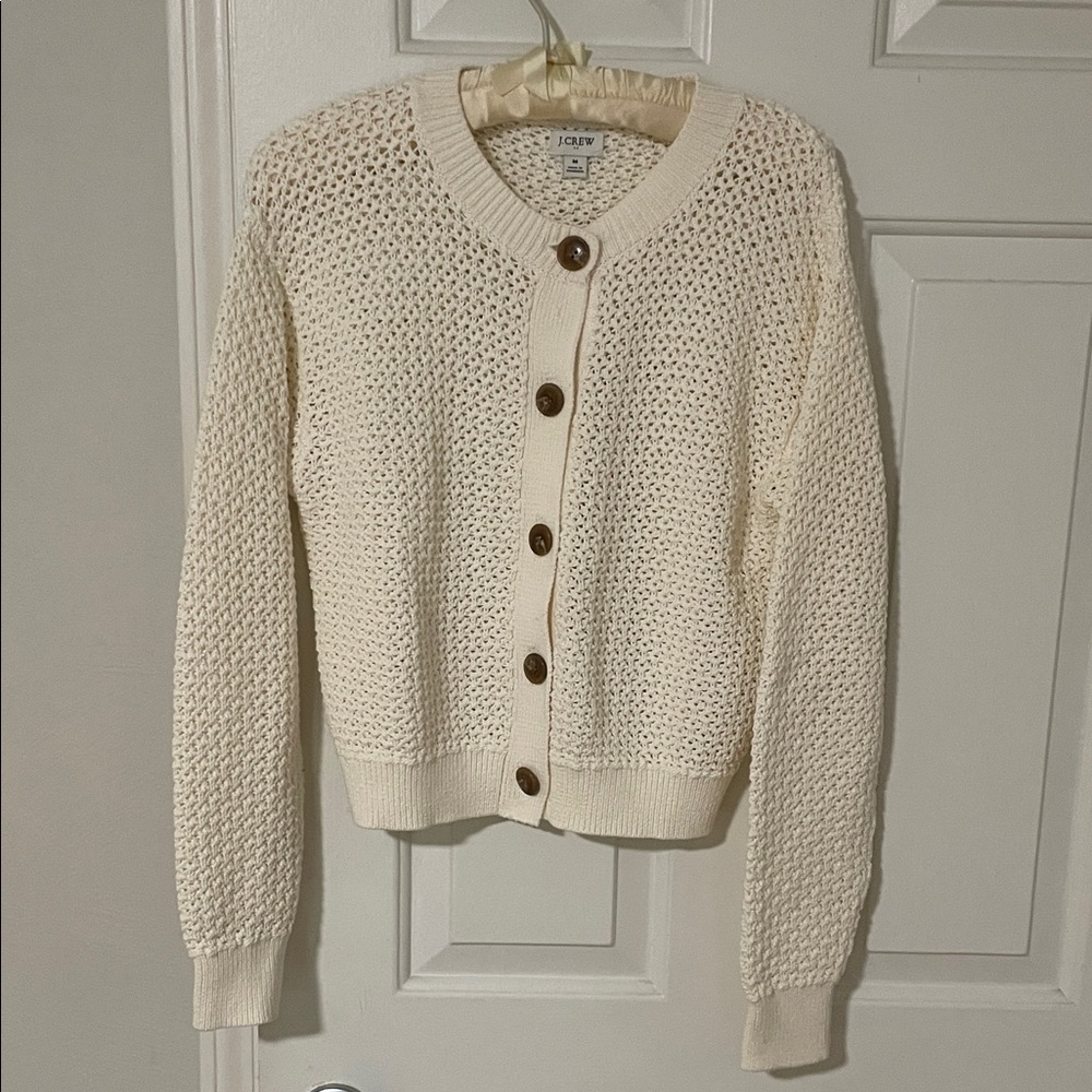 J. Crew Off-White Crochet Button-Up Cardigan Crew Neck Medium
